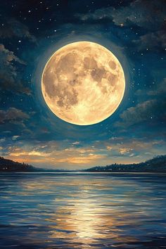 a painting of a full moon over the water