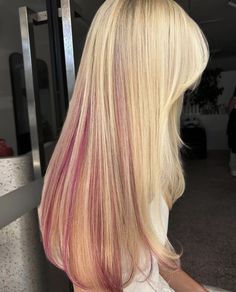 pink peekaboos Pink Layers, Dirtyblond Hair, Blonde Color Highlights, Colorful Highlights On Blonde Hair, Pink Blonde Hair Color, Hair Blonde And Pink, Blonde Hair With Pink Peekaboo, Blond And Pink Highlights, Blonde Hair And Pink