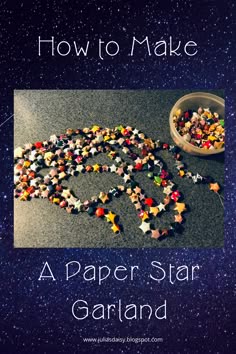 a paper star garland next to a bowl full of beads on the floor with text overlay how to make