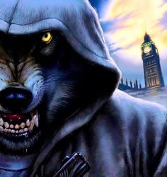 a wolf wearing a hooded jacket with yellow eyes