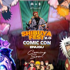 the poster for shibuya fest 2 0 comic con enugu, featuring various characters