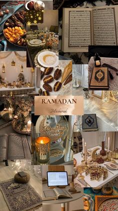 the collage shows many different items that are on display in this photo, including books and candles