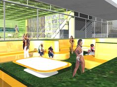 some people are sitting on yellow couches in a room with green grass and windows