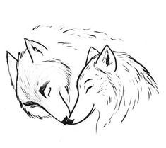 two wolfs are facing each other with their heads touching in the same direction, and one has its eyes closed