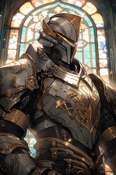 a man in armor standing next to a stained glass window