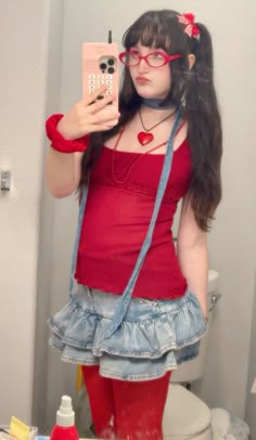 #aesthetic #outfit #outfitinspo #twee #maximalist #newgirl #whimsical #inspo #ootd #fit #layering #pinterest #fashion #fashioninspo #fitspo #fashion #fashioninspo #OOTD #fitcheck #funky #funkyfashion #whimsytwee #vintage #colorful #styling #makeup #funkymakeup #makeuplook Red Leg Warmers Outfit, Heart Glasses Outfit, Red Shojou Outfit, Fairy Kei Outfit Inspiration, How To Style Fairy Kei Outfits, Red Gyaru Outfit, Red Glasses Outfit, Decora Outfit Inspo, Red Bloomers Outfit