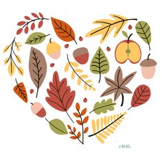 a heart made up of autumn leaves and acorns