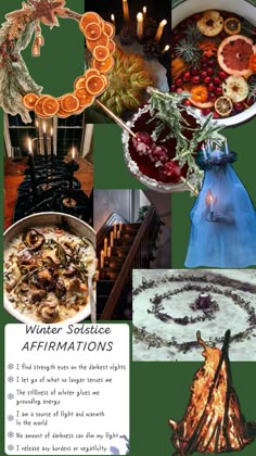 a collage of pictures with food and decorations on them, including an orange wreath