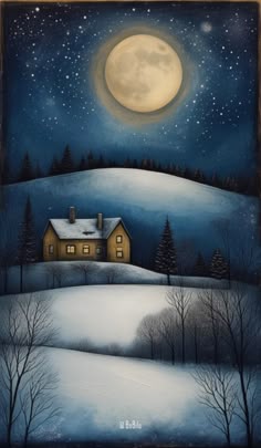 a painting of a house in the middle of a snowy field with trees and a full moon