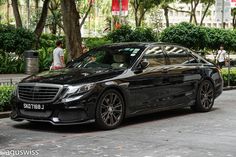 a black mercedes s - class parked on the street in front of some bushes and trees