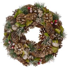 a christmas wreath with pine cones and berries