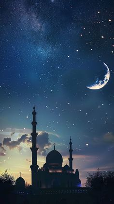 the sky is filled with stars and clouds as the moon shines in the distance