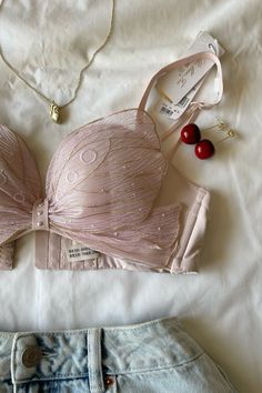 Fancy Sleepwear, Cute Bralettes Aesthetic, Hair Bralette, Victoria Secret Butterfly, Pink Bralette With Embroidery, Butterfly Bustier, Butterfly Bras, Elegant Pink Bra With Delicate Lace, Butterfly Bra Top