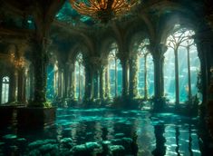 an underwater room with columns and chandelier in the center, surrounded by water