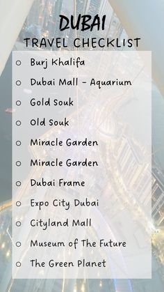 the dubai travel checklist is shown in black and white, with text overlaying it