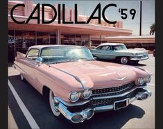 an old pink car parked in front of a building with the caption cadillac 59