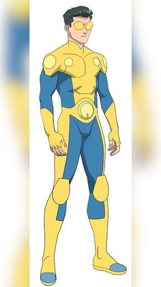 an animated man in a yellow and blue suit standing with his hands on his hips