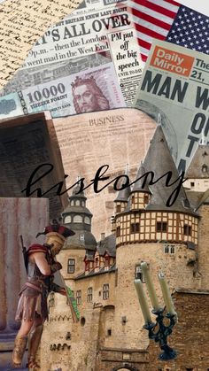 the collage has many different images and words on it, including an image of a man riding a horse