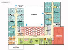 the floor plan for an indoor basketball court, with seating areas marked in blue and red