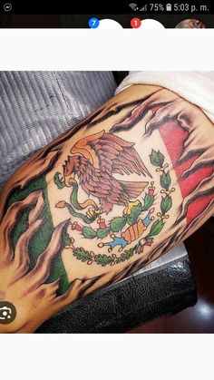 a man's arm with an eagle and mexican flag tattoo on the left forearm