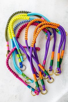 multicolored leashes with metal hooks on white surface