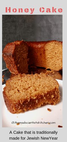 two pieces of cake on a plate with the words honey cake written below it,