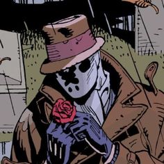 a drawing of a man with a hat and gloves on holding a rose in his hand