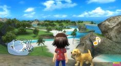 a girl standing next to a dog on top of a dirt road in front of rocks