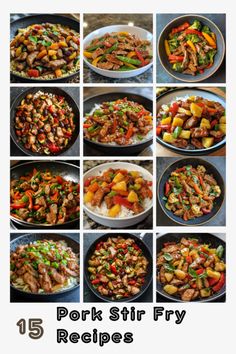 various images of pork stir fry in pans with the words pork stir fry recipes below