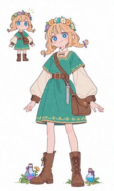 a drawing of a girl in a green dress and boots with flowers on her head
