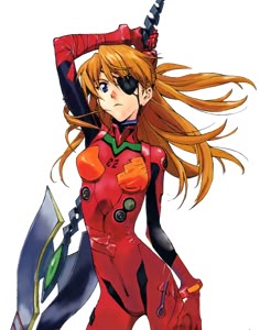 an anime character with long blonde hair and red outfit holding a large metal object in her hand