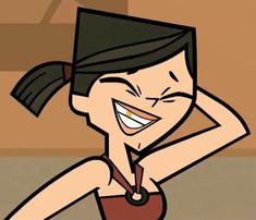 a cartoon girl with a hat on her head is smiling and holding her hands behind her head