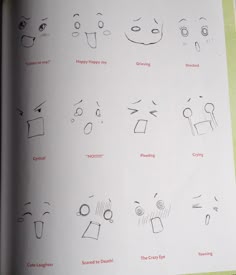 an open book with drawings of different facial expressions and words on the page, all in one place