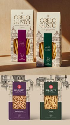 three boxes of pasta sitting on top of a counter