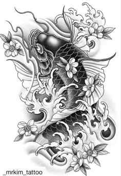 a koi fish tattoo design with flowers on it