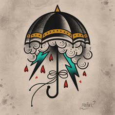 an umbrella with rain coming out of it and lightnings coming out of the top