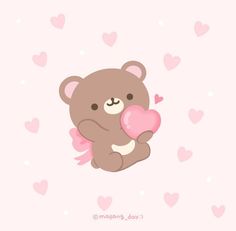 a brown teddy bear holding a pink heart on a pink background with lots of hearts