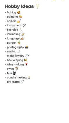 List of hobbies to try !! List Of Crafts To Try, Girls Hobbies List, Hobbies For Teen, Craft Ideas List, Easy Hobbies To Start At Home, Different Hobbies To Try, Fun Hobbies For Girls, Good Hobbies To Pick Up, Fun Creative Hobbies