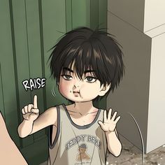 an anime character is making the peace sign with her hand while standing in front of a green door