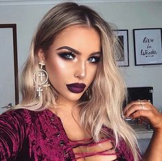 Vampy Glam Makeup, Dark Makeup For Blondes, Bold Makeup For Blondes, Fall Makeup For Blondes, Fall Makeup For Blondes Blue Eyes, Dark Lipstick Looks Blondes, Dark Red Lipstick Makeup Blonde Hair, Dramatic Makeup For Blondes, Dark Lipstick Blonde Hair