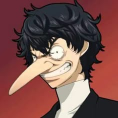 an animated image of a man with a bird's beak on his face and black hair