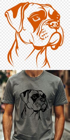a man standing in front of a drawing of a dog's face on a t - shirt