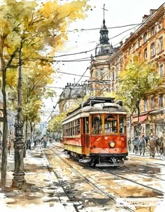 a watercolor painting of a trolley on a street with buildings in the back ground
