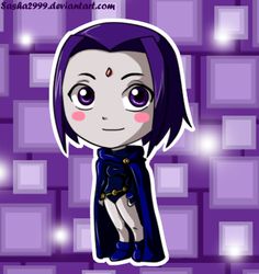 an anime character with purple hair and black clothes, standing in front of some squares
