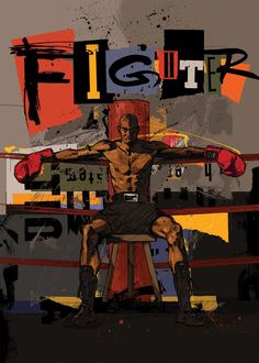 a man sitting on top of a chair in front of a boxing ring with his arms stretched out