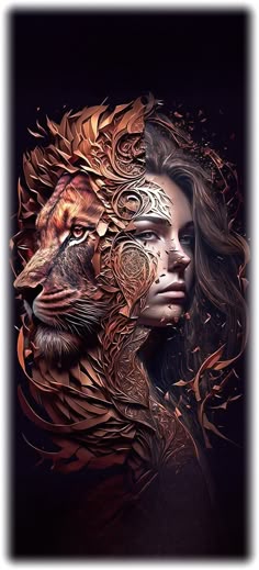a woman's face is surrounded by an intricately designed lion