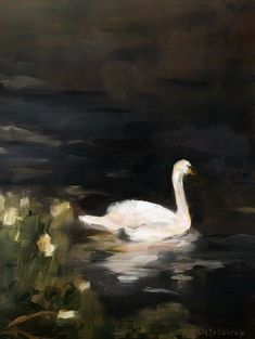 a painting of a swan floating in the water