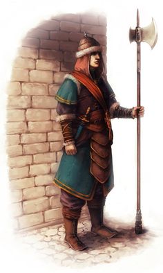 A guard in Telflamm. Every guard in Prince Shenjing's palace was killed, and many more died defending the city from devils. Town Guard Dnd, Dnd Town Guard Art, Fantasy Town Guard, Halberd Guard, Halberd Soldier, Town Guard Fantasy Art, Viking Spearman, Palace Guard Fantasy Art, Medieval Town Guard