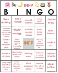 Infp Scorpio, Enfj Bingo, Infj Bingo, Infj Bingo Card, Infp Bingo, Enfp Bingo, Infj Bingo Template, Mbti Bingo, Intp Bingo