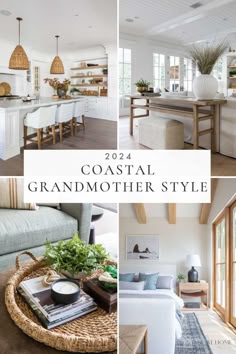 a collage of photos with the words coastal grandmother style in white and blue colors